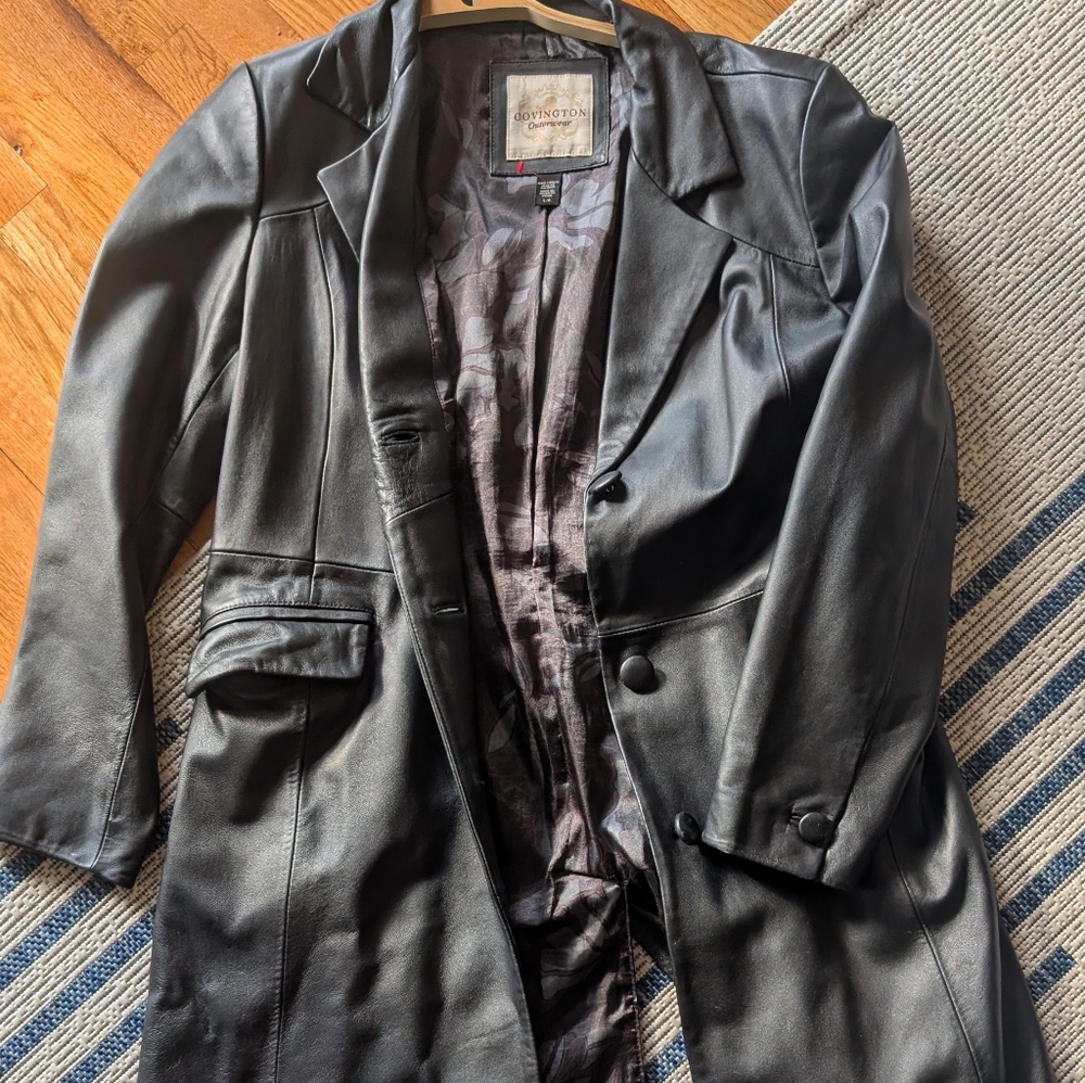 Vintage Covington Black Leather Trench Coat - Y2K Matrix Vibes
